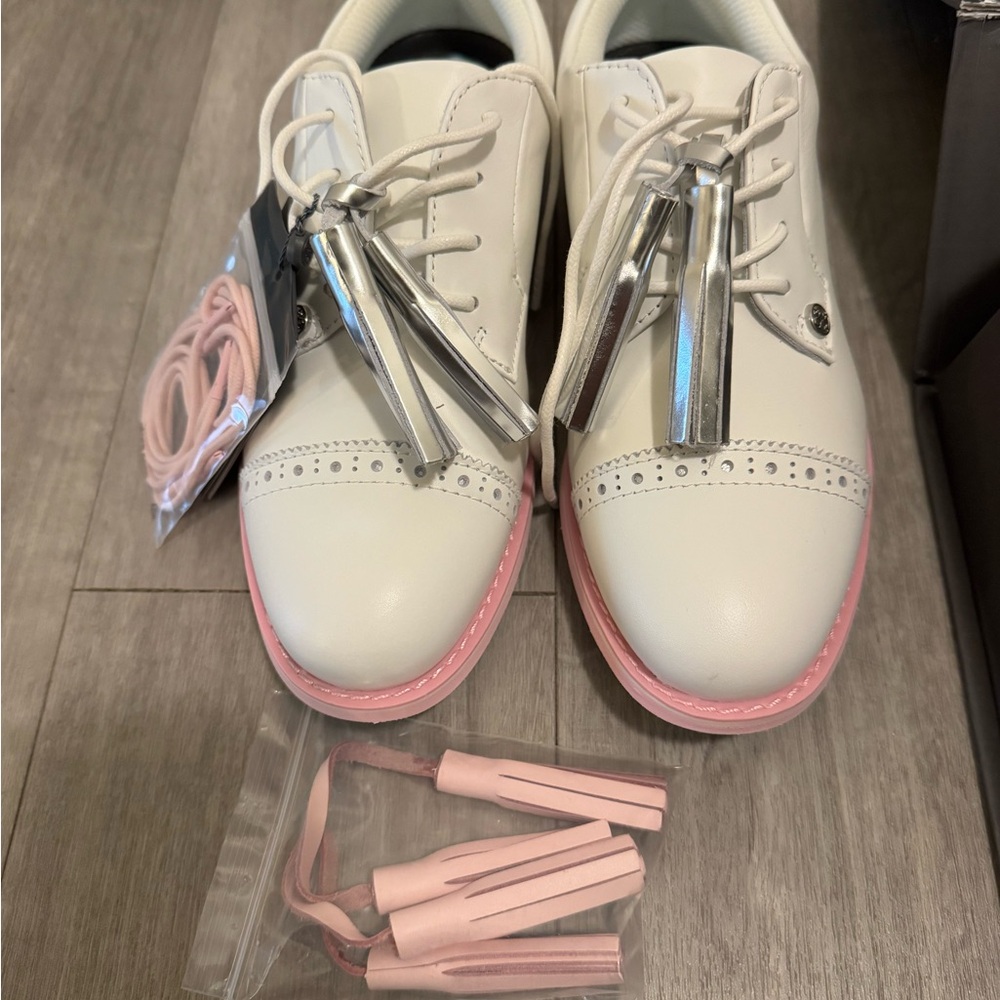 G/FORE White Sneakers with Pink Soles and Silver Accents size 7.5
